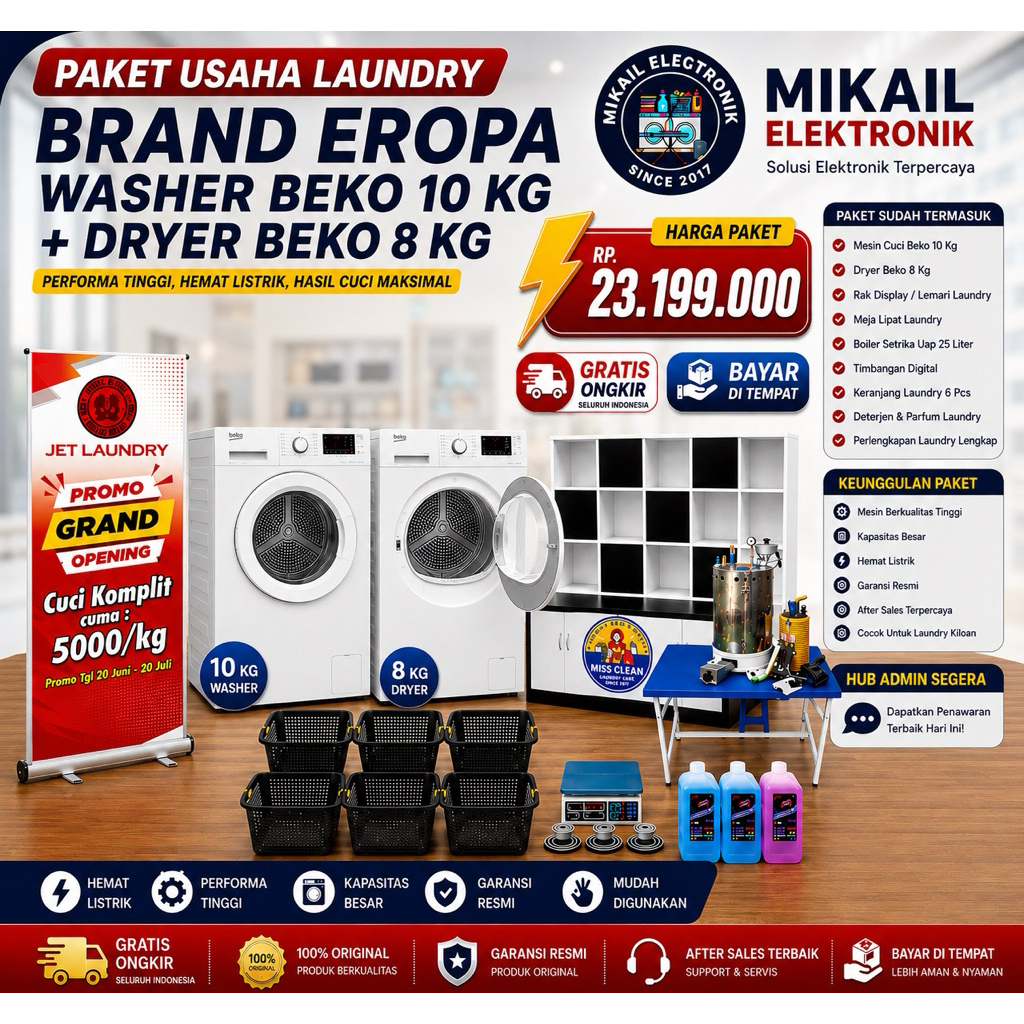 PAKET USAHA LAUNDRY KILOAN PEMULA LENGKAP MESIN CUCI BEKO 10 KG DRYER BEKO 8 KG MEJA RAK LAUNDRY