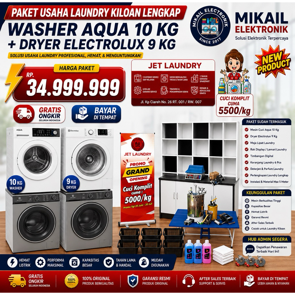 PAKET LAUNDRY PEMULA KILOAN MESIN CUCI AQUA 10KG DRYER EROPA LENGKAP