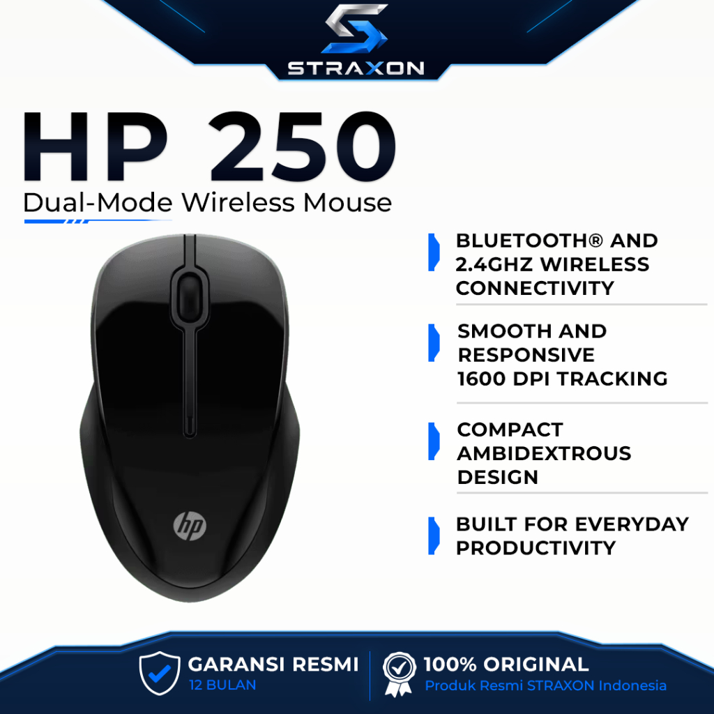 Dual wireless mouse HP 250 Up to 1600 DPI Windows 11 Windows 10 macOS Chrome OS Garansi 12 Bulan