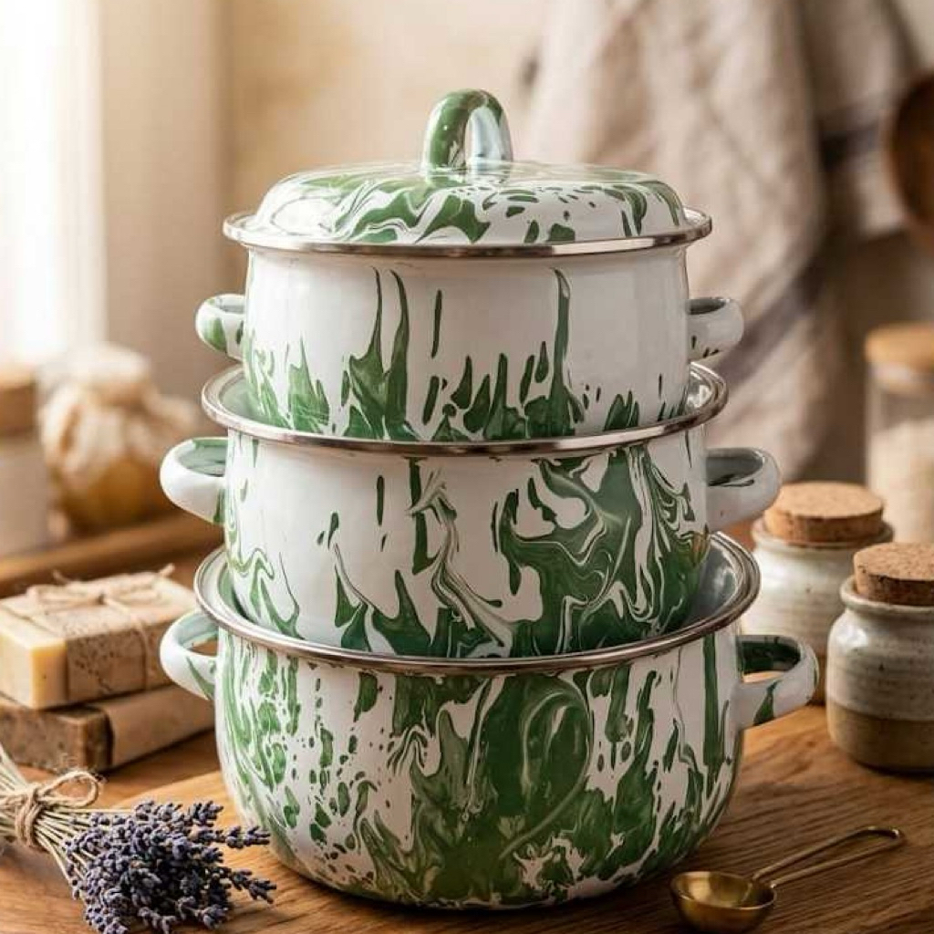Panci Set Enamel Brilik Hijau 3 Susun Warna Hijau Jadul - Panci Set Warna Cendol Isi 3 PCS Ukuran Be