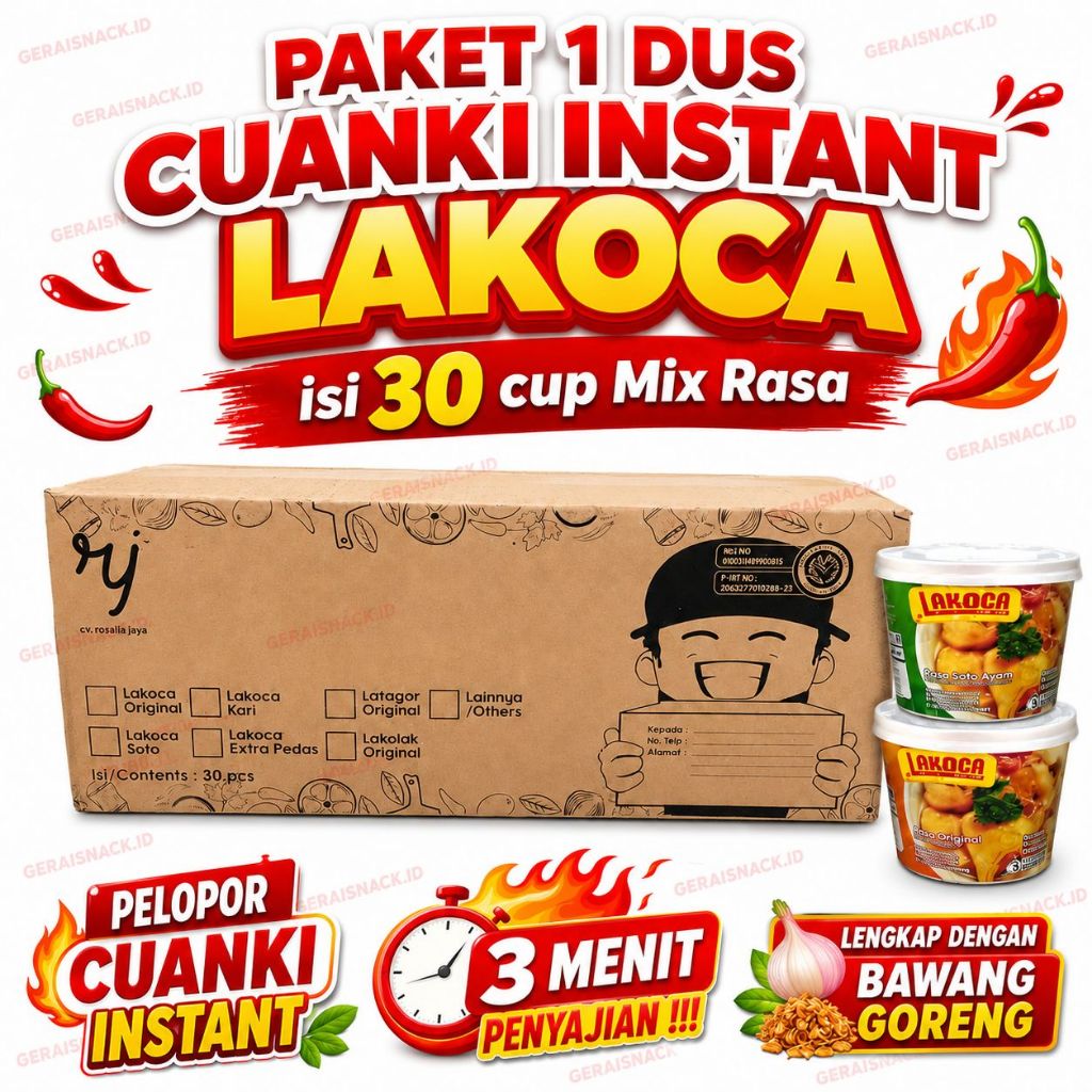 Cuanki Lakoca Paket 1 Dus isi 30 Cup Mix Rasa Oleh2 Khas Bandung