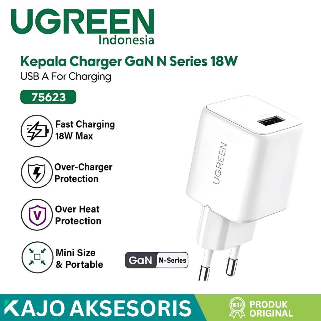 UGREEN 75623 Kepala Adaptor Charger USB A 18W 3A GaN N Series White PD Fast Charging Power Delivery 