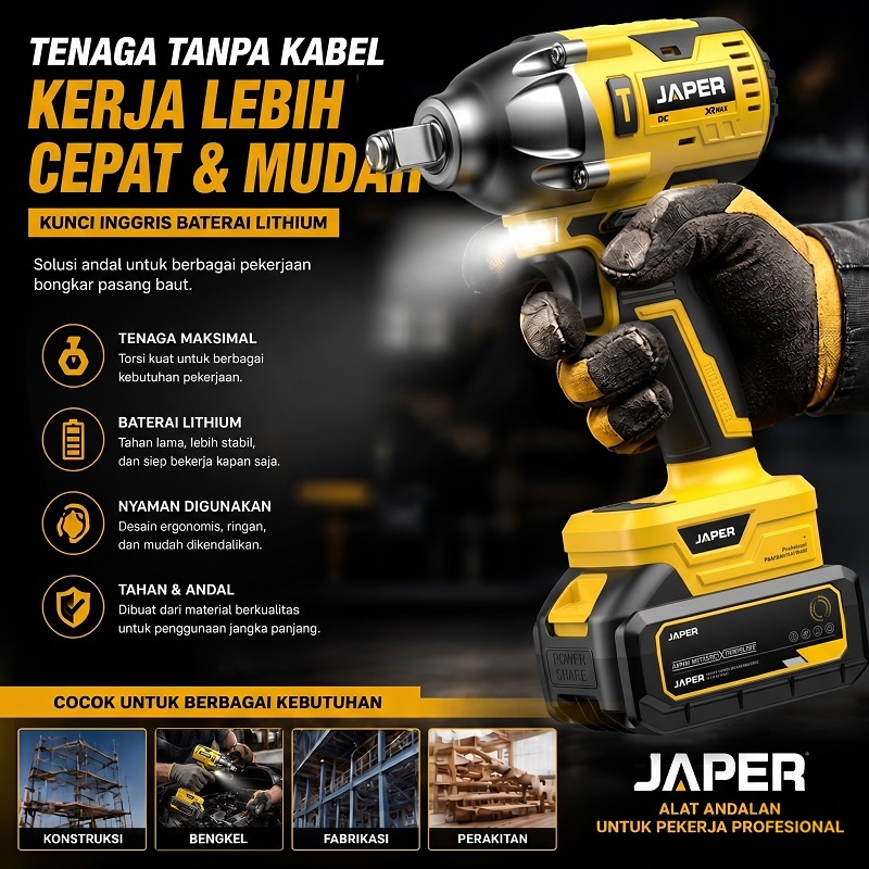 JAPER Perkakas Impact Wrench Bor Listrik Bor Impact Mesin Drill Alat Listrik Portabel Tanpa Kabel