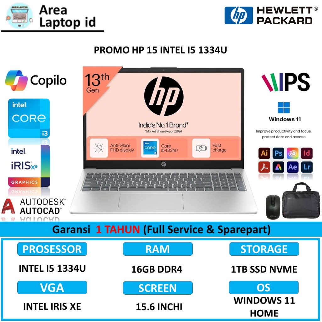 Laptop Terbaru HP 15 Intel Core I5 1334U RAM 16GB 1TB SSD 15 Inch Windows 11 Home