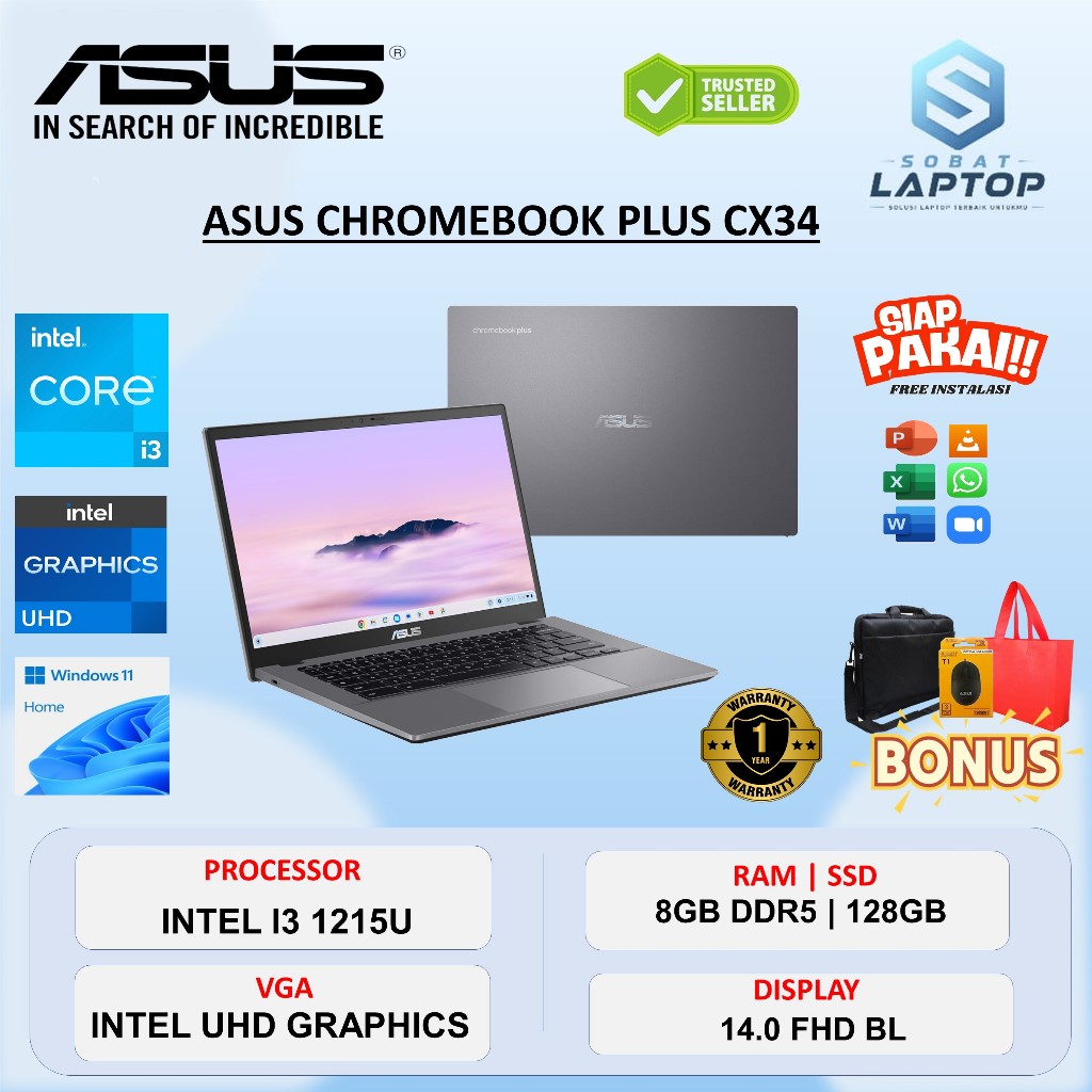 ASUS Chromebook Plus CX34 i3-1215U 8GB 128GB 14" FHD Laptop Windows 11 Pro