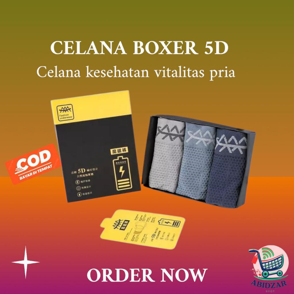 Celana Dalam Pria Boxer 5D - 3 Pcs, Anti Bakteri, Katun Lembut, Model 3D Magnetik