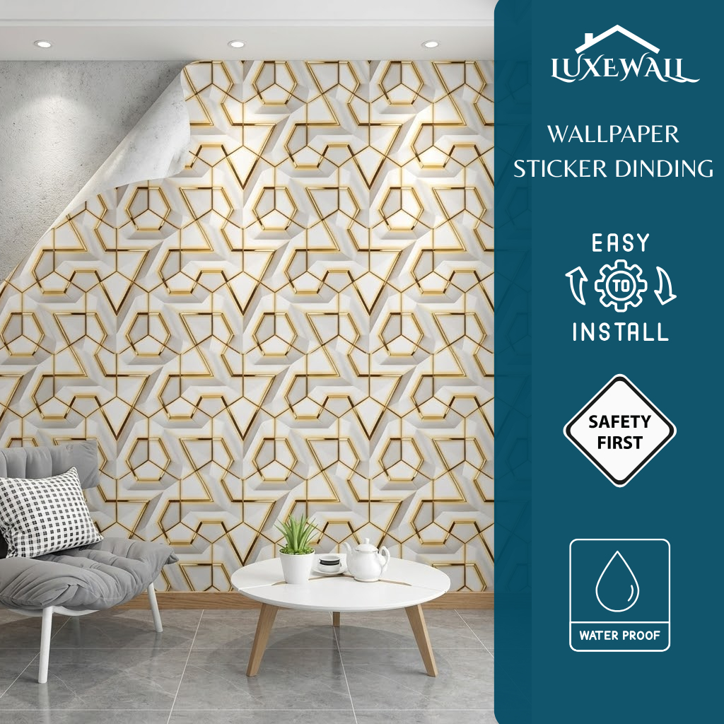 LUXEWALL Wallpaper Dinding 3D PVC Motif 3D Geometri Putih List Gold