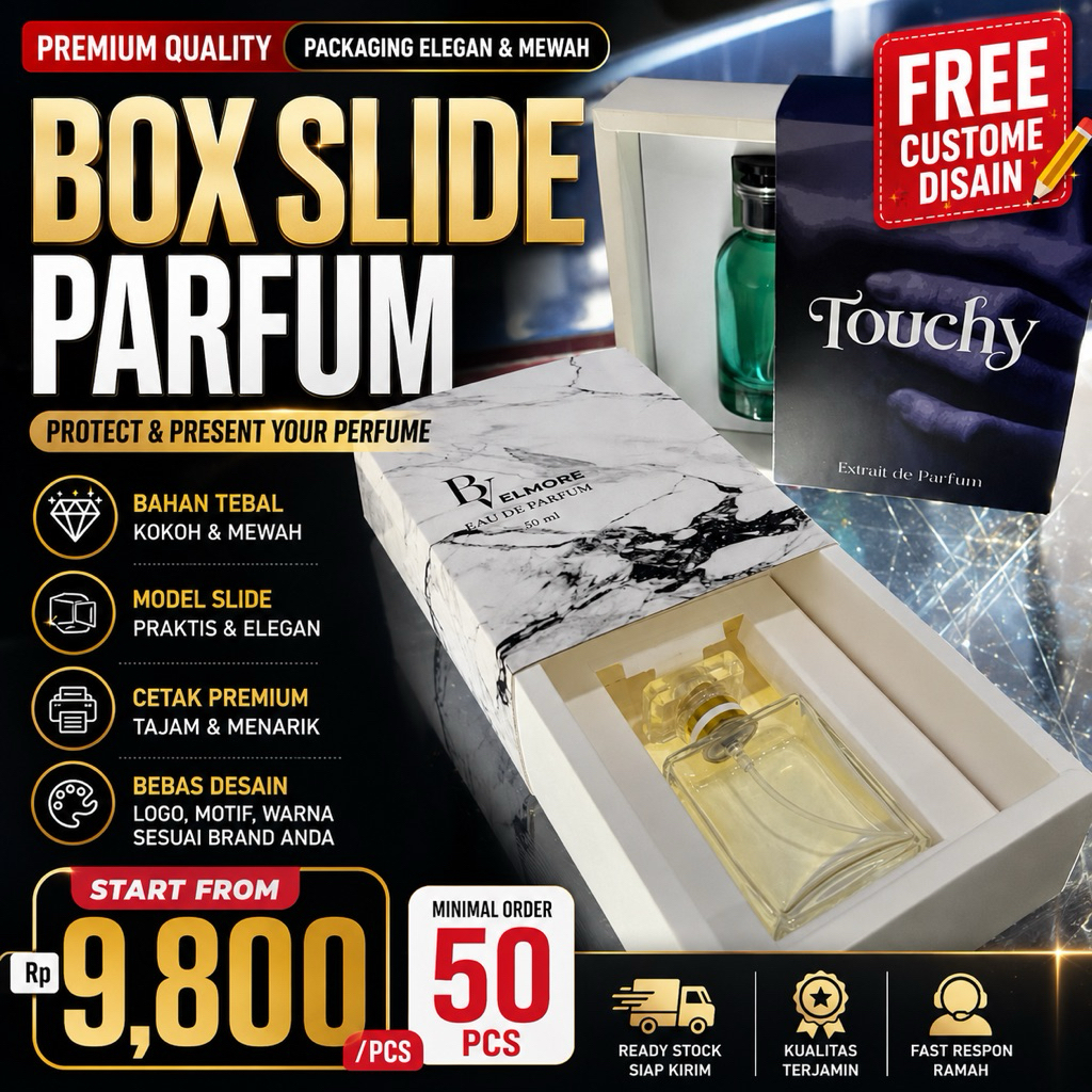 Custom Box Sliding Sleding Kemasan Parfum Minim 50Pcs Bisa Fullcolor