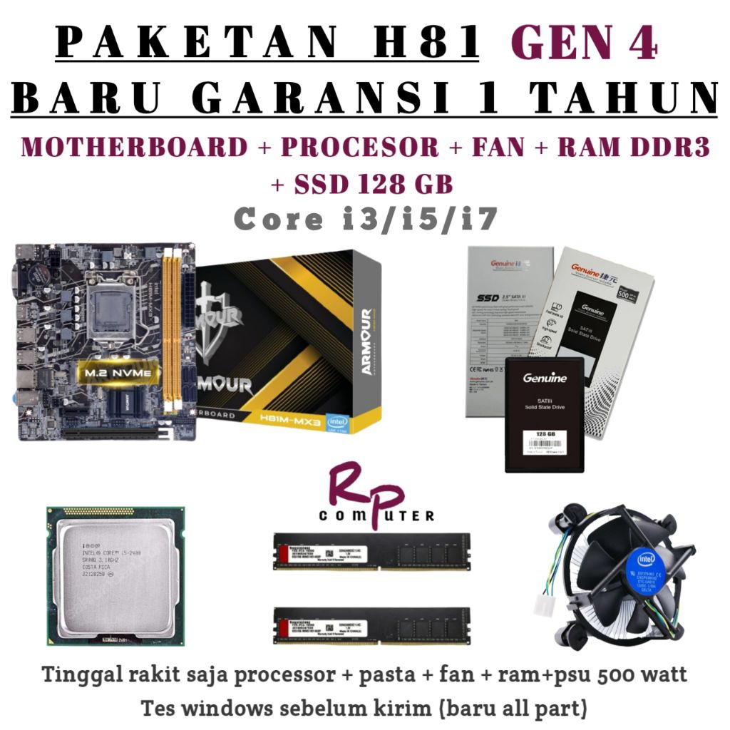 Paketan gen4 BARU core i5 / i7 + Mobo H81 + Ram Ddr 3 + fan Cooler + Ssd 128 GB (TINGGAL RAKIT AJA)