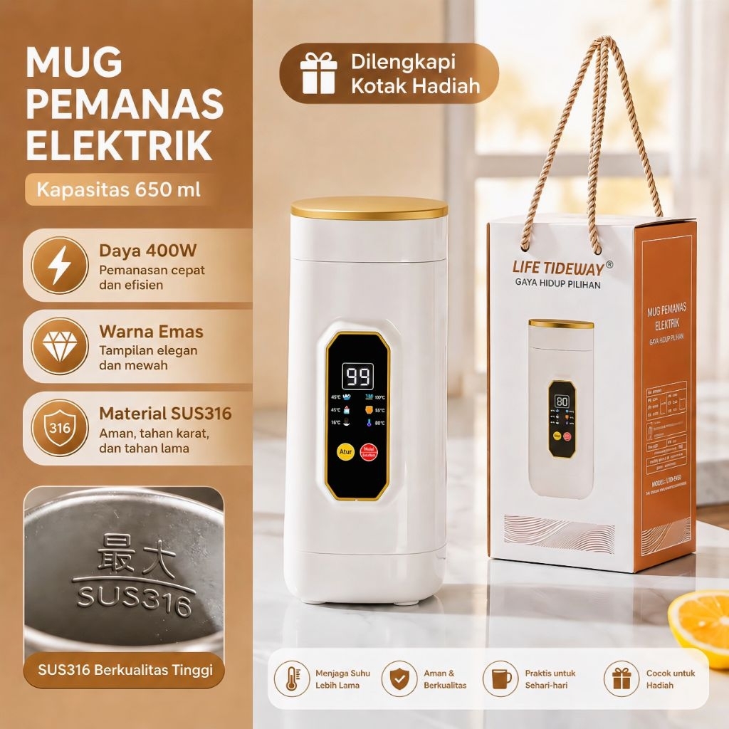 Ketel Premium Teko Listrik tampilan LED SUS 316 / Teko Listrik Mini Termos Isolasi Pemanas Air / Mas