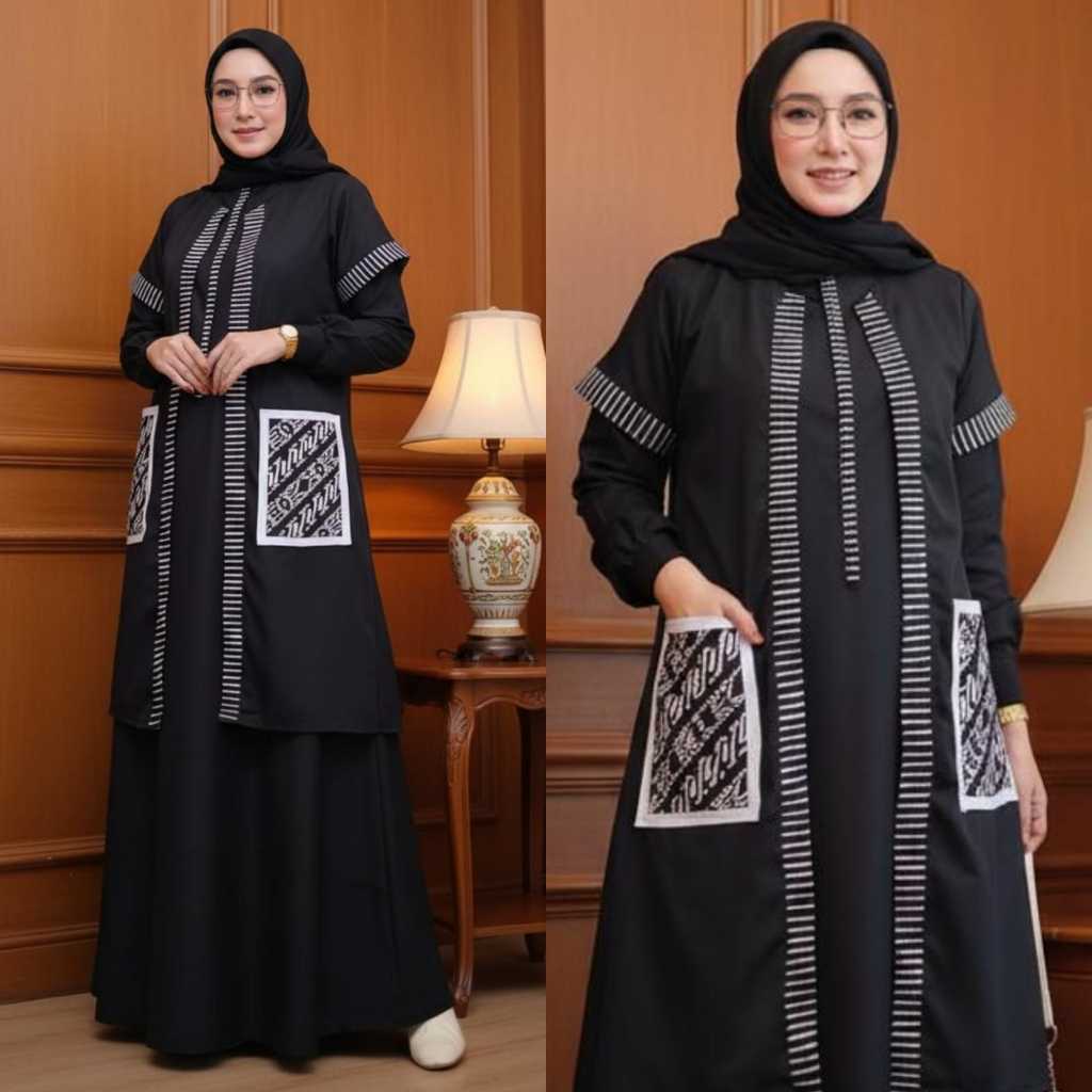 Maheswari Dress Set Outer Fashion Muslim  Wanita Gamis Batik Modern Kombinasi Kain Katun Premium
