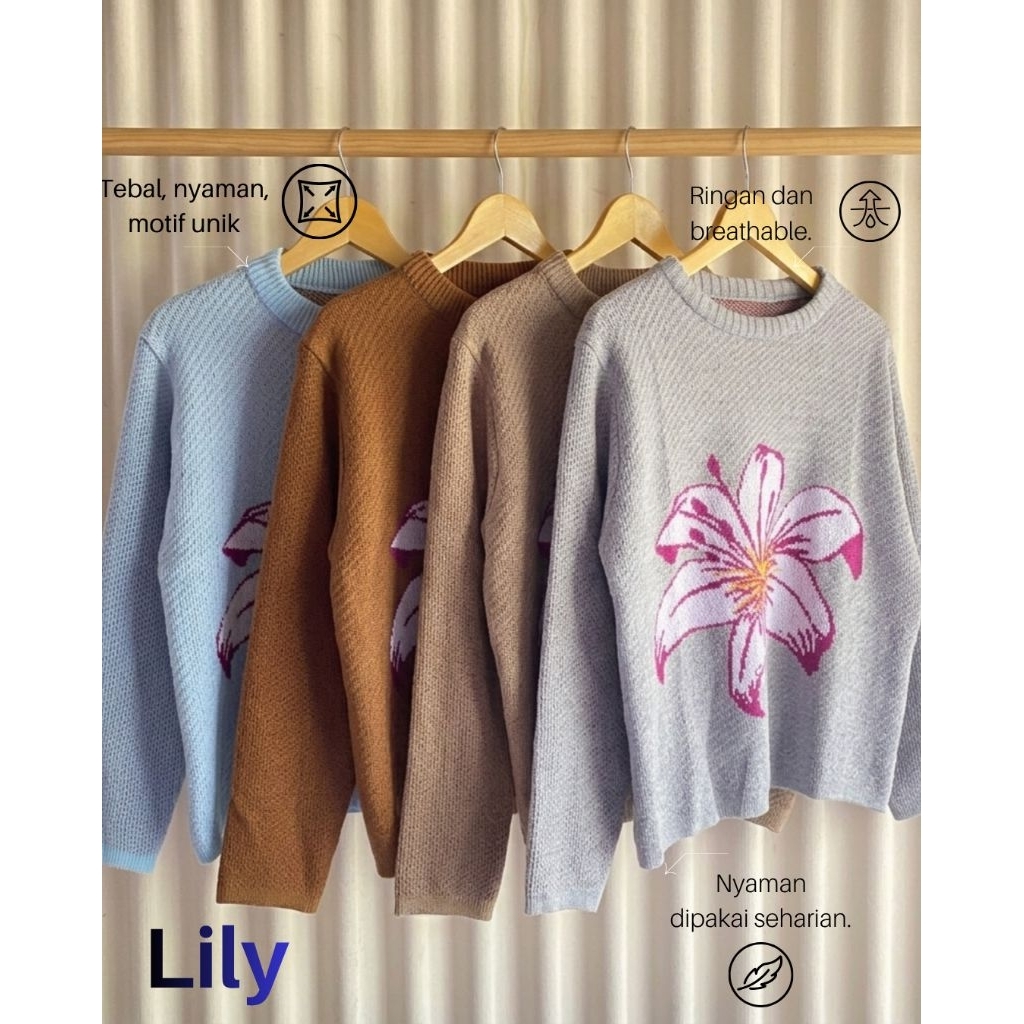 Sweater Rajut Wanita Motif Lily, Atasan Rajut Premium Bunga Lily Oversize