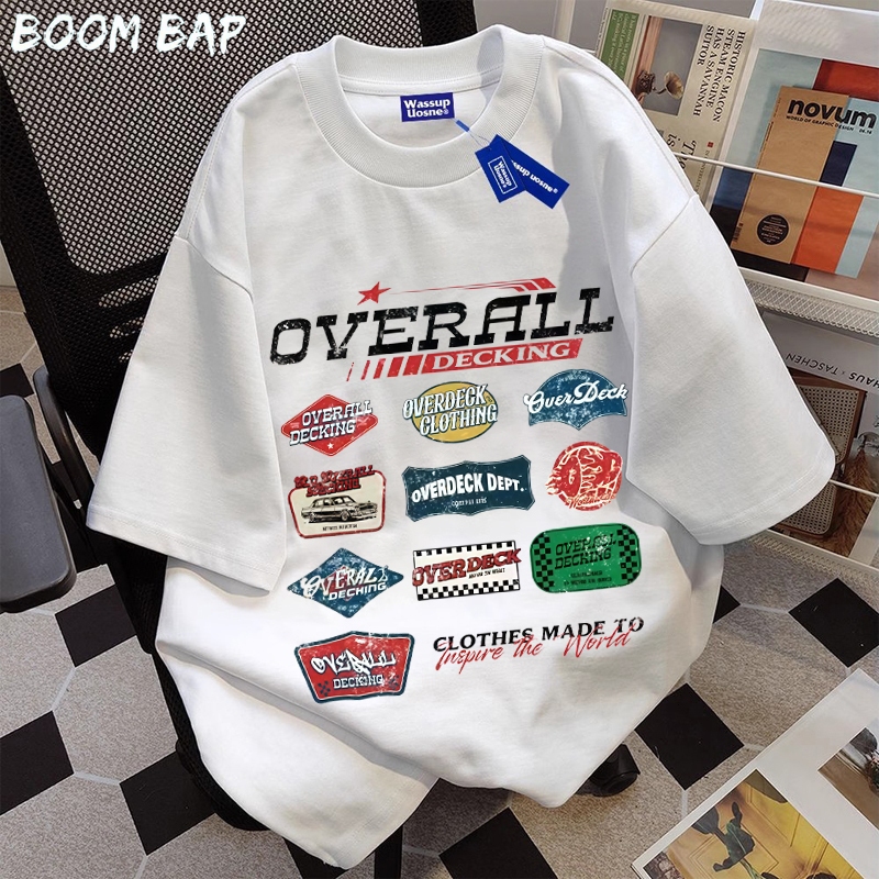 BOOMBAP American retro Style T-shirt Oversize Lencana mobil Print top| Kaos Wanita Putih | Kaos pria