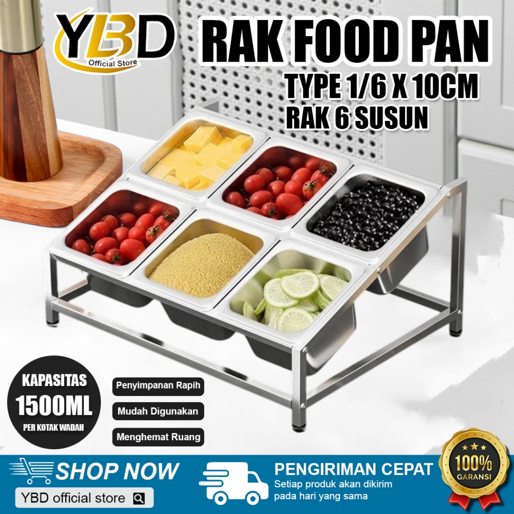 Tempat bumbu 6 sekat Rak Food pan stainless 1/6 x 10cm kapasitas 1500ml /Rak pentimpanan bumbu hotel