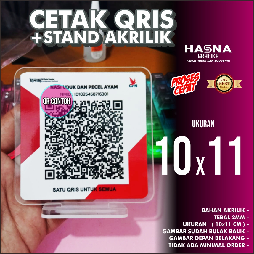 CETAK QRIS PLUS DUDUKAN  / STAND AKRILIK QRIS / CETAK QRIS PLUS AKRILIK