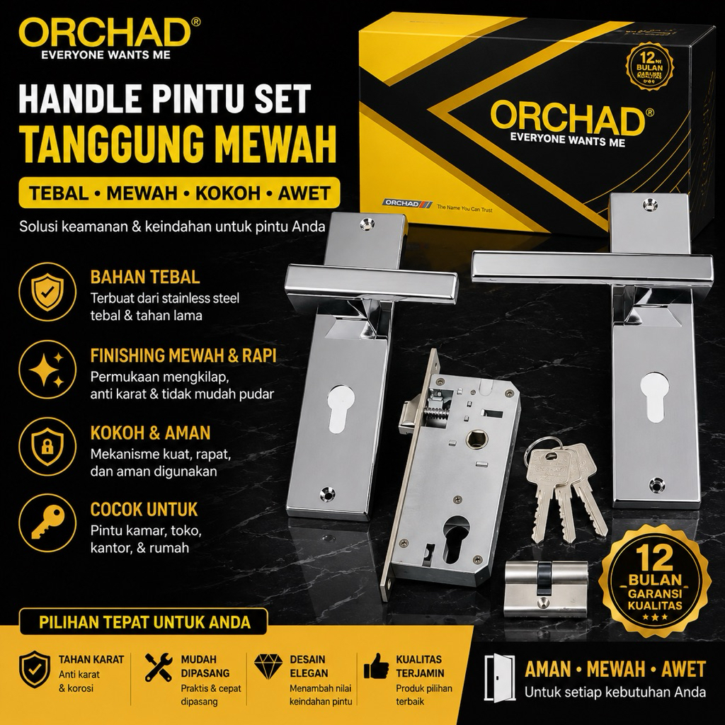 Handle Gagang Kunci Pintu Tanggung/Sedang Set Orchad  Putih Minimalis | Kunci Pintu Rumah Set Minima