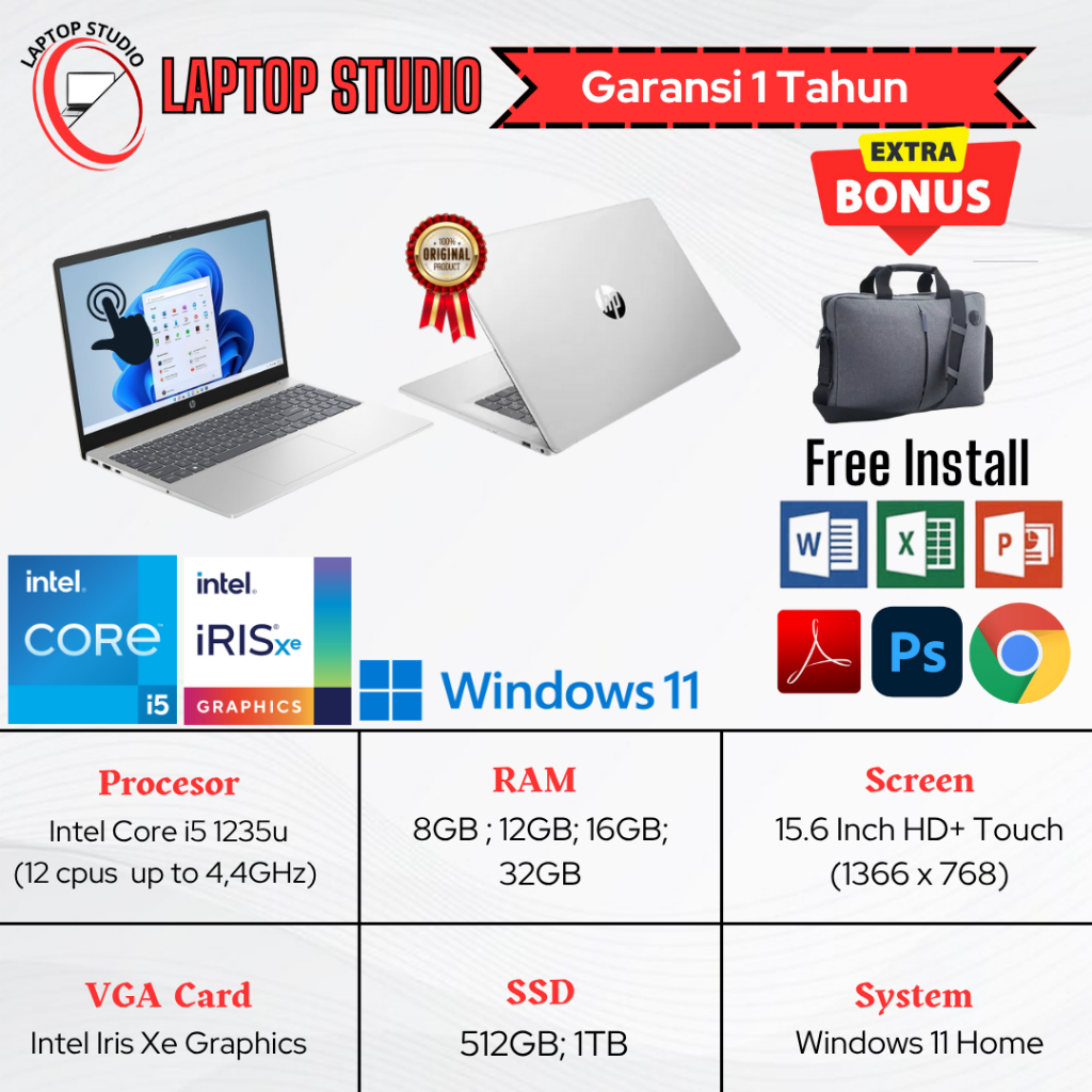 Laptop Baru Hp 15 Intel Core i5 1235u (12cpus, up to 4.4GHz) Touchscreen