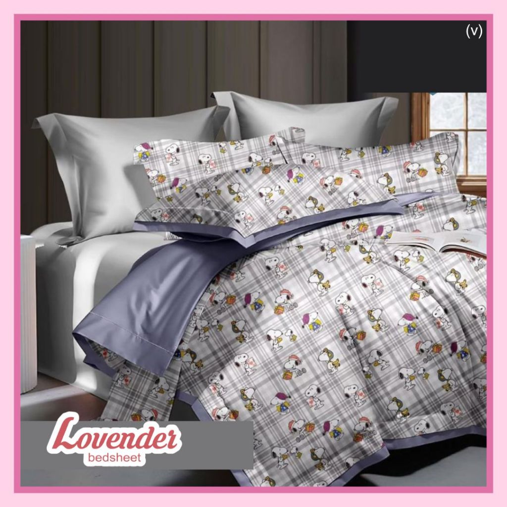 Sprei/Bedcover katun ORGANIK/SERAT BAMBU pastel abu gray gingham grid kotak snoopy peanuts karakter 
