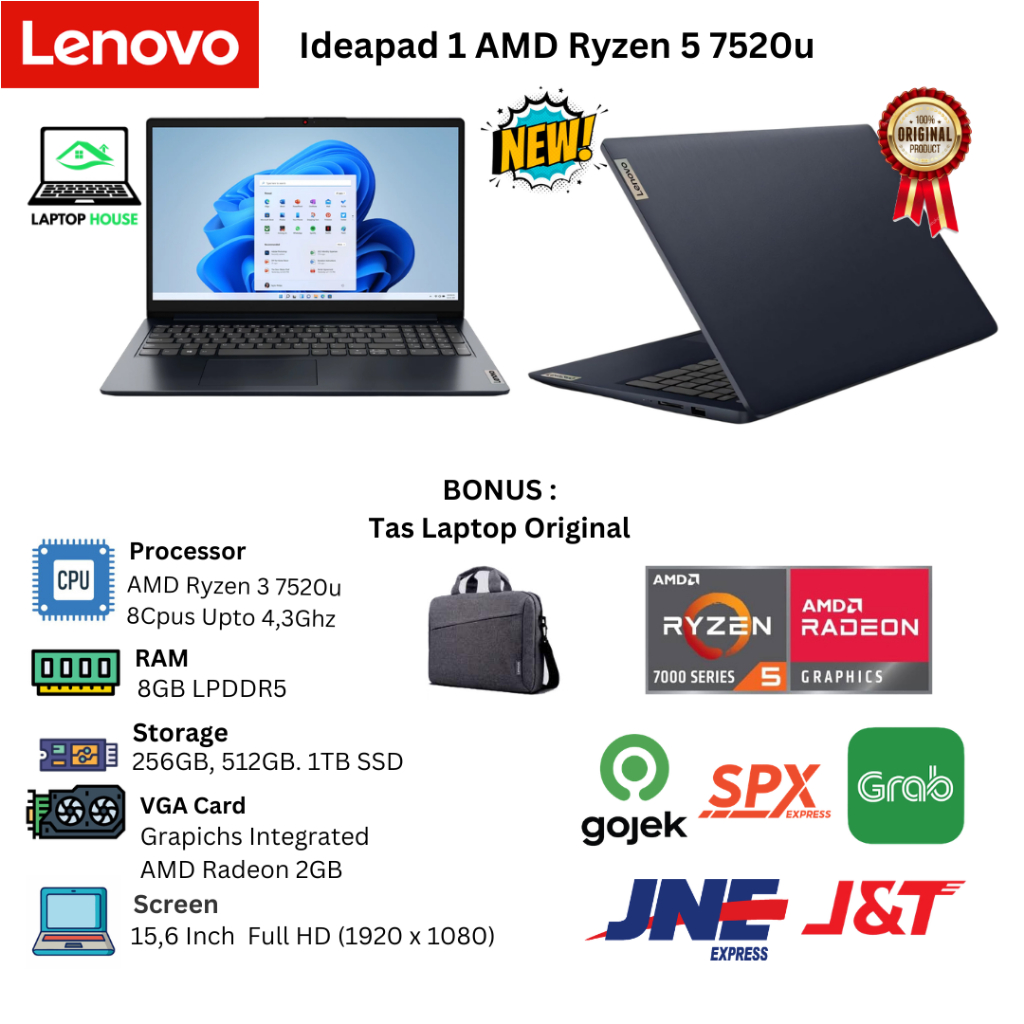 Laptop Baru Lenovo Ideapad 1 | V14 G4 AMD Ryzen 5 7520U 8 Cpus Up to 4.3GHz