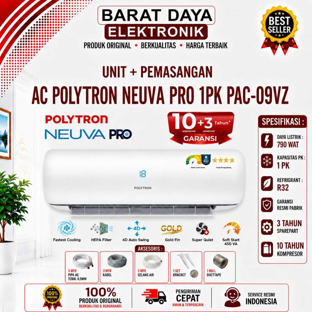 AC Polytron AC 1PK 09VZ AC Split AC POLYTRON NEUVA ICE 1 PK+ Instalasi + Aksesoris