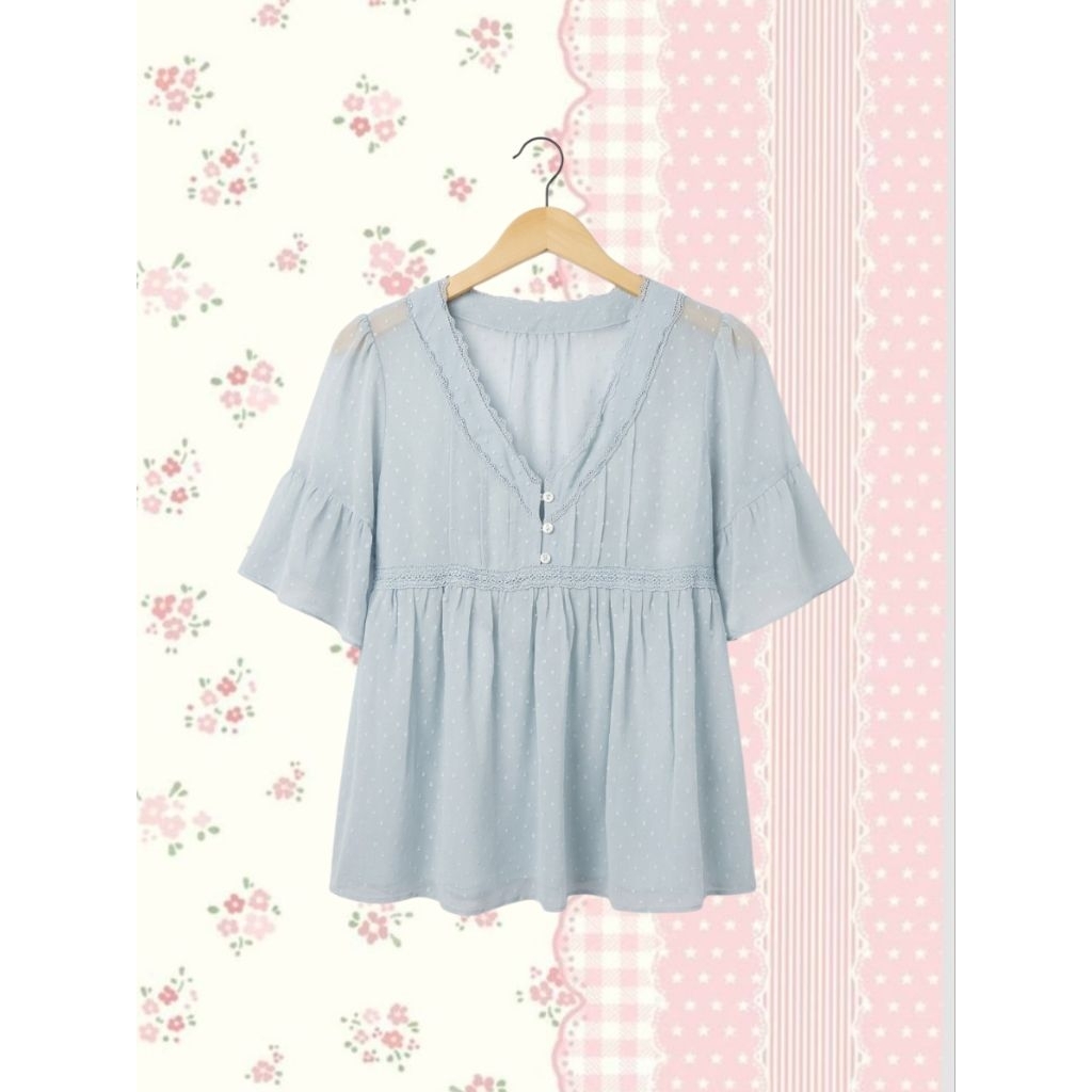 Vintage Kawai Sheer Baby Doll Ruffle Hand Sage Top Embroidery Lace Cottagecore Fairycore Grove