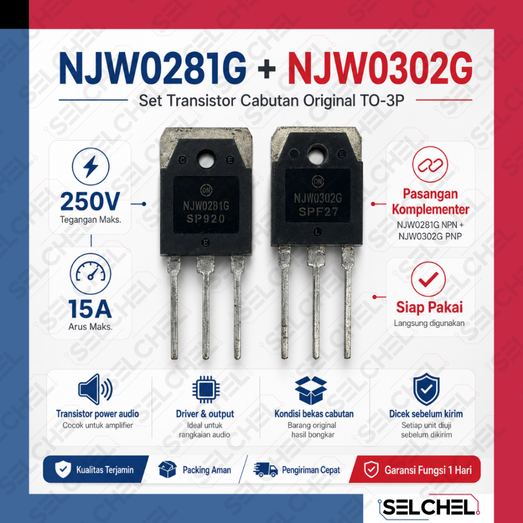 Set Transistor NJW0281G NJW0302G Original Cabutan TO-3P 250V 15A NPN PNP Final Audio Amplifier Power