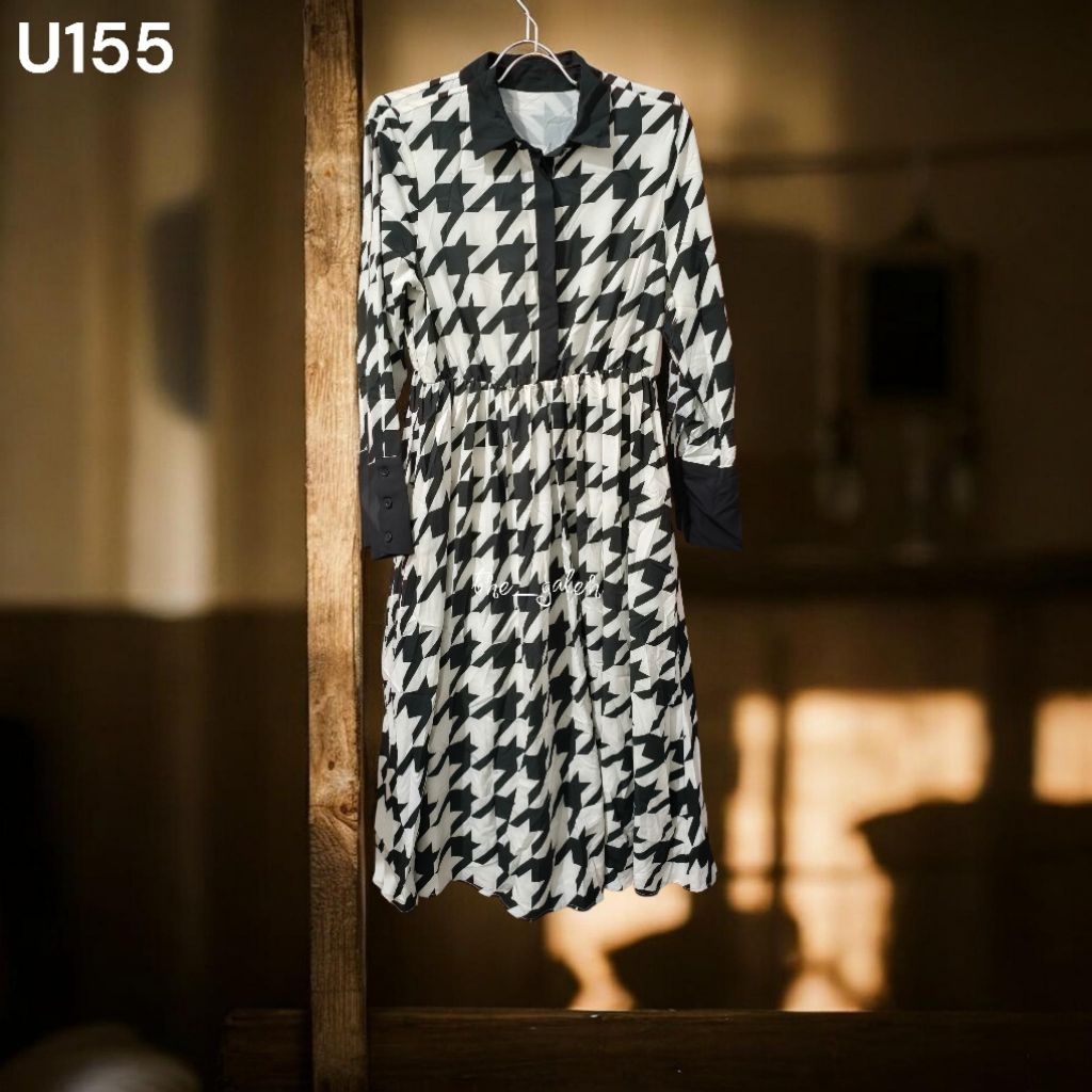 U155 Baju Long Tunik Dress Hitam Putih Motif Murah