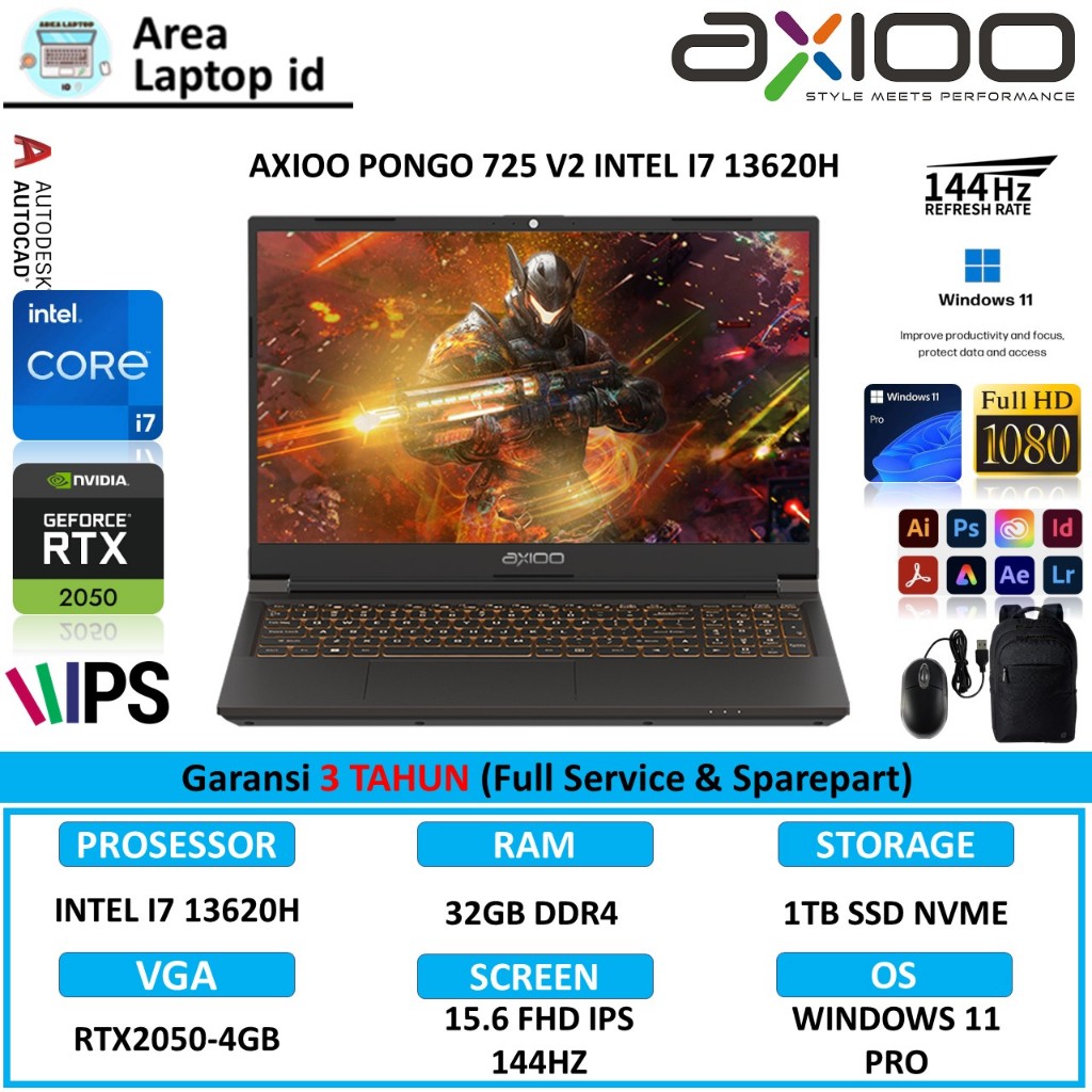 LAPTOP AXIOO PONGO 725 i7 13620H RAM 16GB 512GB RTX2050 4GB WINDOWS 11 ORIGINAL