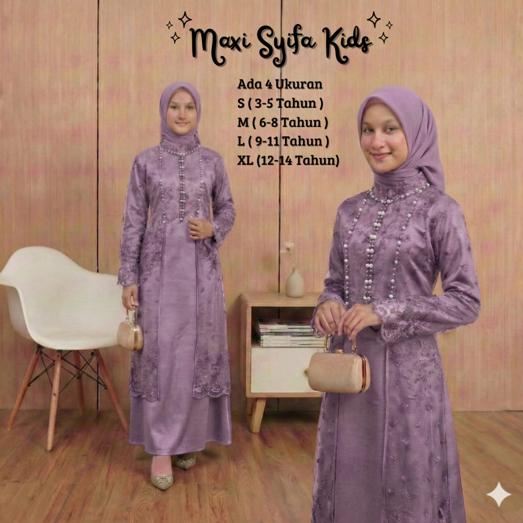 Gamis Muslim Brokat Anak Perempuan VIral Maxi Syifa Kids 3-14 Tahun 4 Ukuran One Set Inner dan Outer
