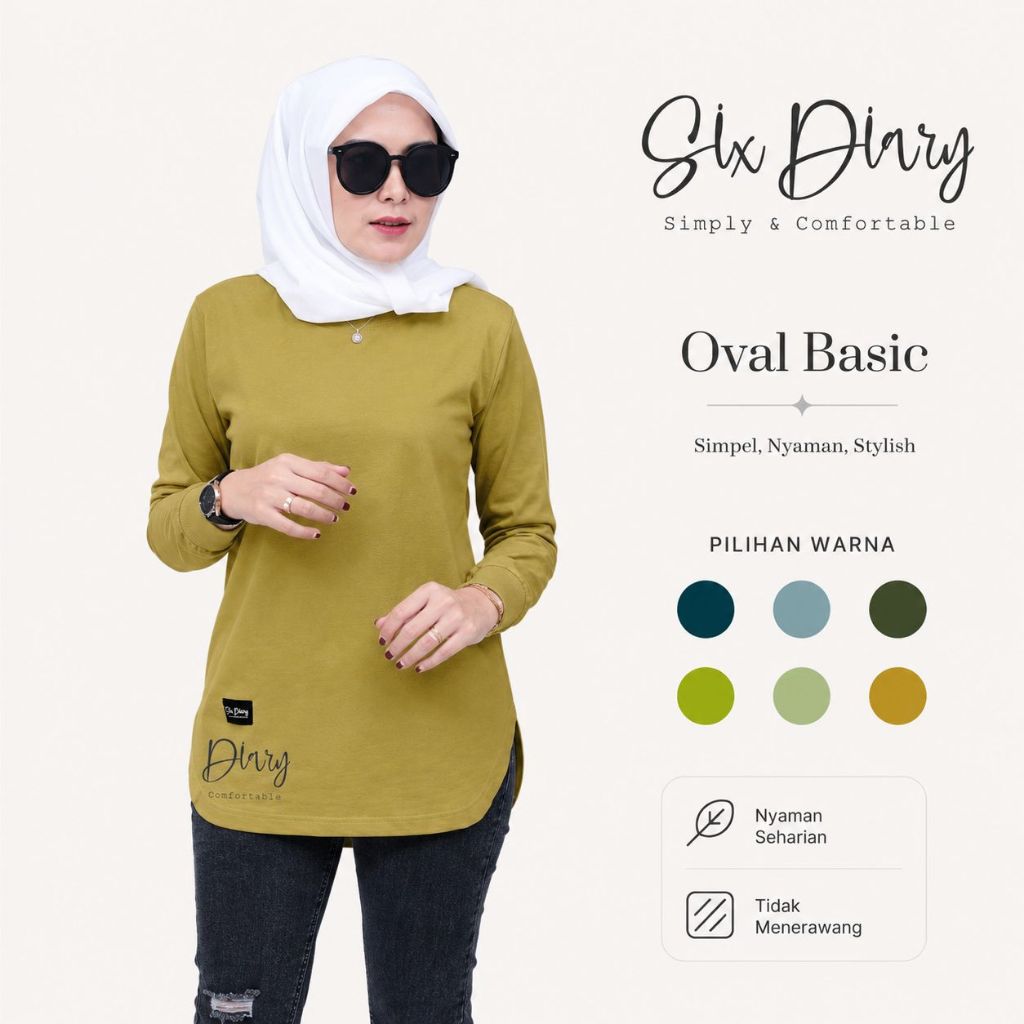 Six Diary Official Kaos Wanita Atasan Basic OVAL  Tangan Panjang size S--5XLMotif Series Hijau
