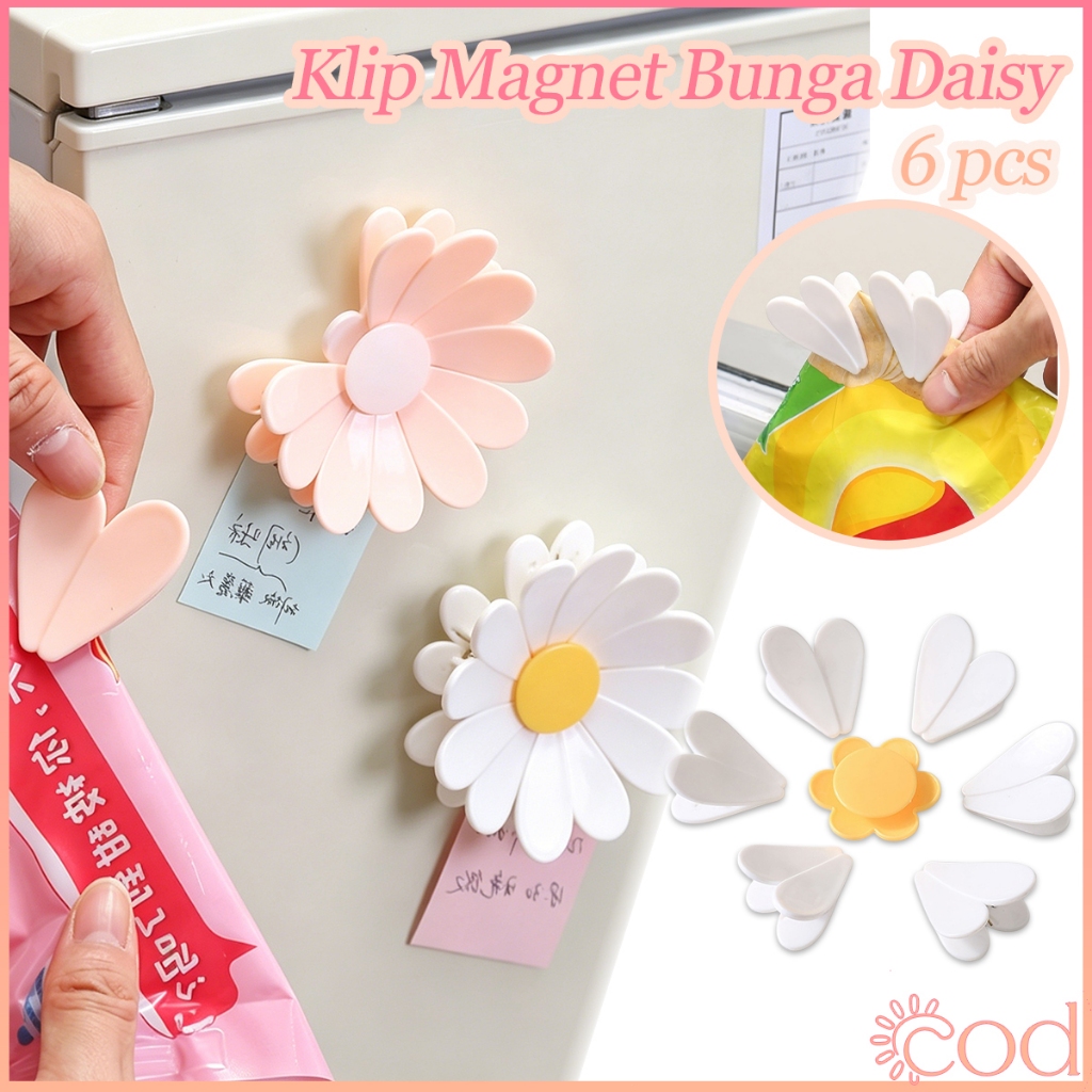 Magnet Kulkas Klip Penjepit Snack Bunga Daisy Enam Kelopak Bahan Plastik PS Anti Selip Bentuk Esteti