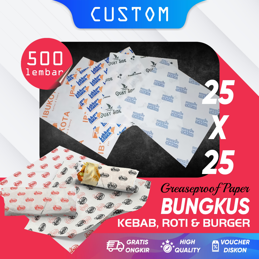 Pembungkus Kebab dan Burger, Kertas Minyak/Greaseproof Paper 55gr, 500 Lembar Ukuran 25cm x 25cm - M