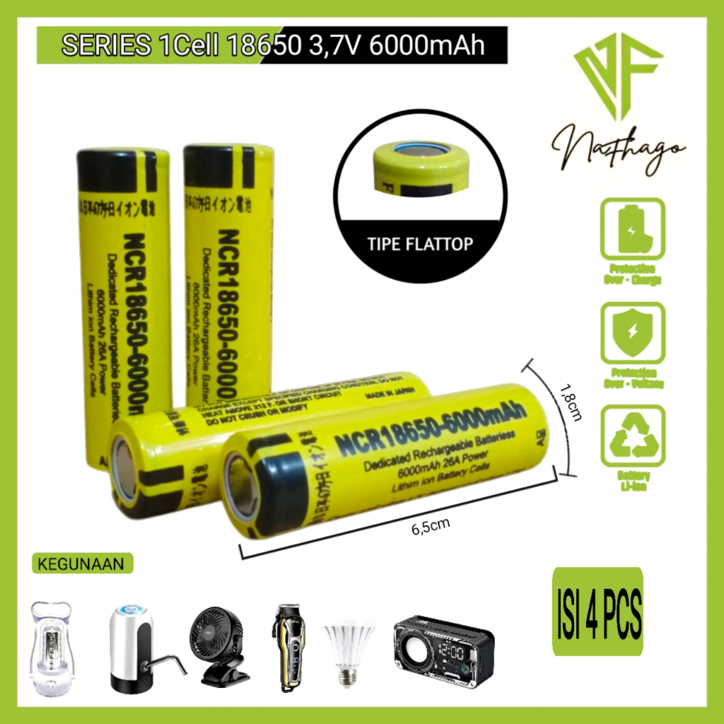Baterai Charger /Baterai Cas Li-ion 18650 Kuning NCR 4.2Volt 6000mAh Isi 4 pcs