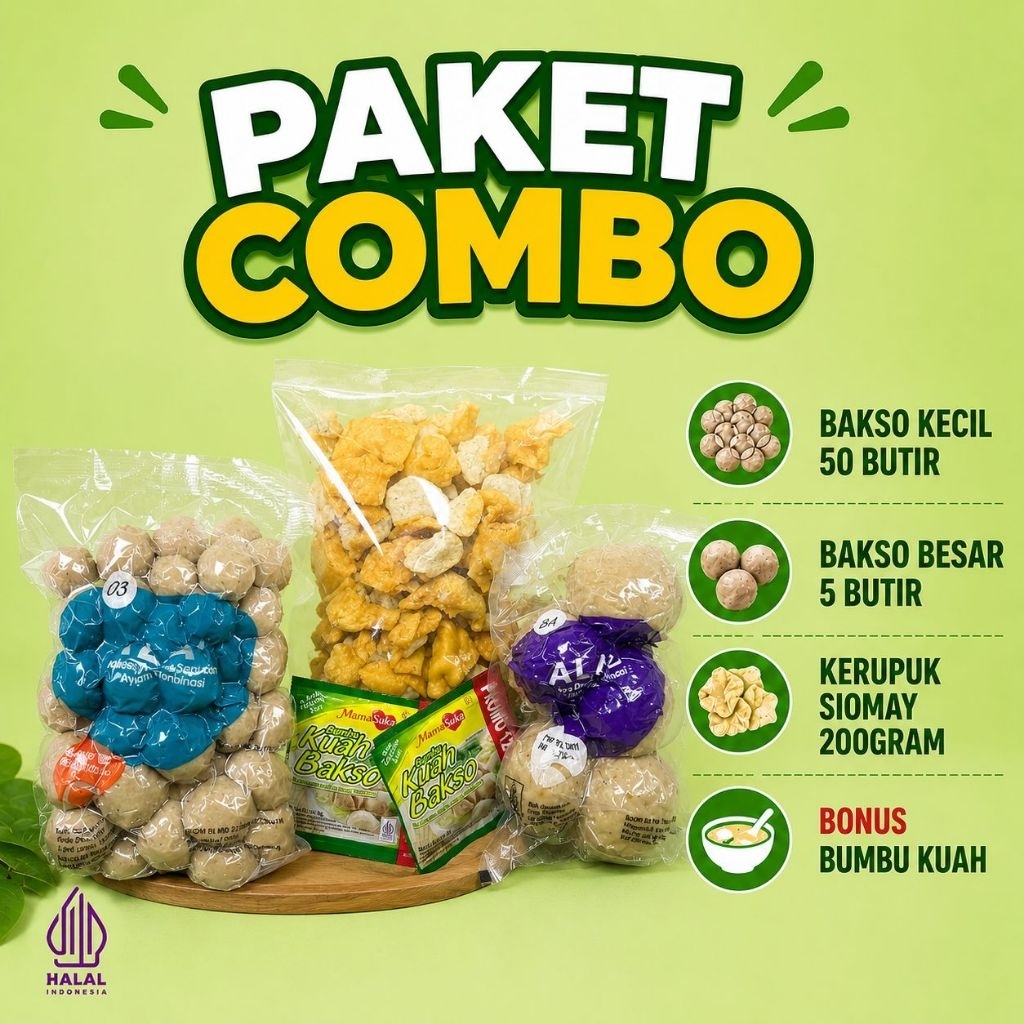 Paket Bakso Alam PAKET COMBO Bakso sapi dan ayam 55 butir + siomay kering + bumbu kuah bakso HALAL k
