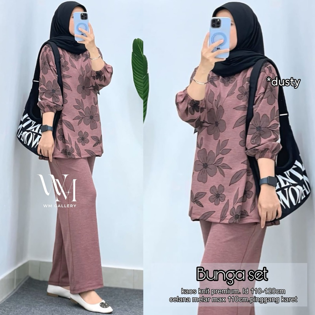 bunga set setelan kaos wanita terbaru one set knit wanita