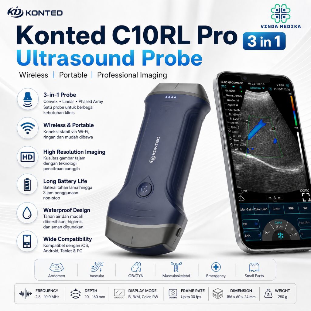 KONTED C10RL Pro Wireless Ultrasound Probe 3in1 Convex Linear Phased Array USG Portable HD Color Dop