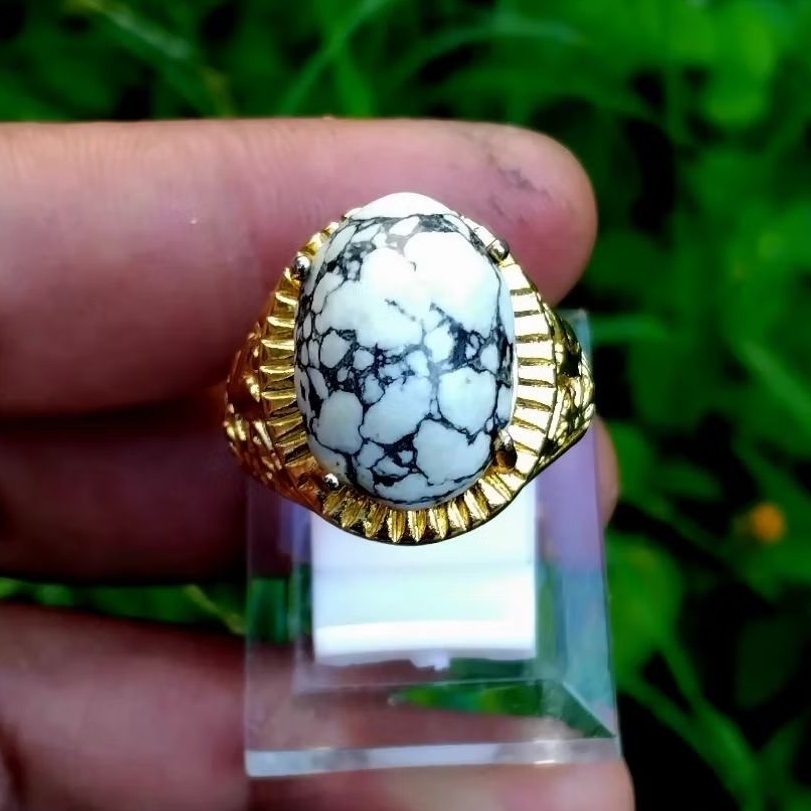 cincin batu akik pirus putih urat hitam