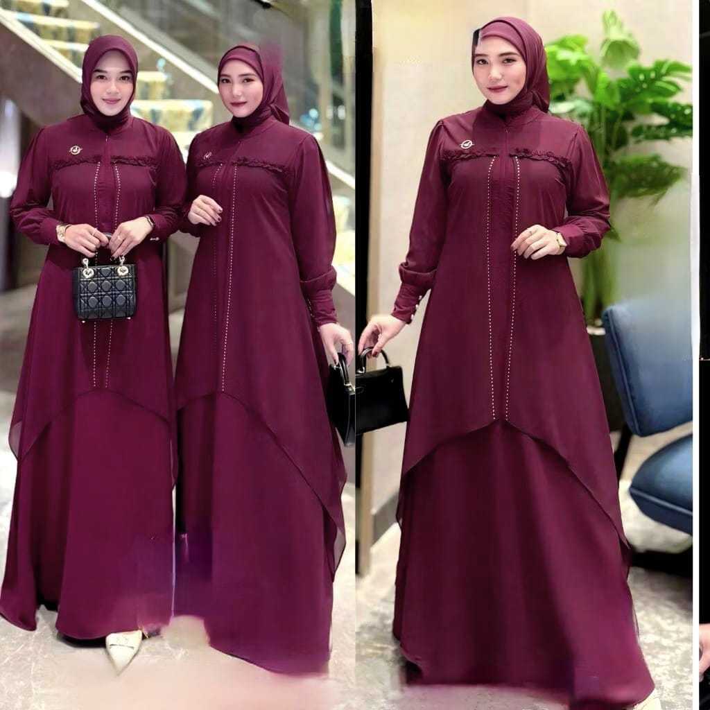 Baju Kondangan Wanita - Jasmine Dress Midi Long Elegan Bahan Ceruty Babydoll premium full furing