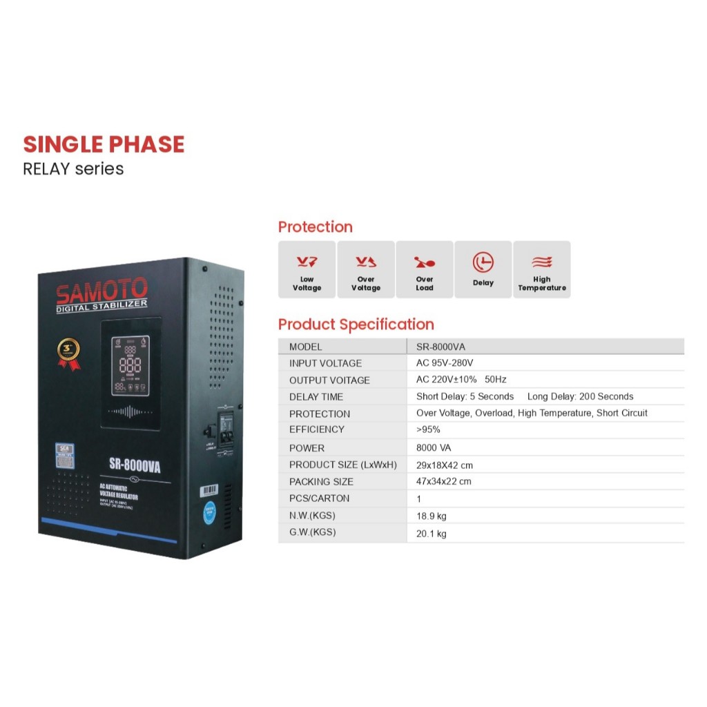 Stabilizer SAMOTO SR8000 Relay 8000VA 8KVA Stabiliser Listrik AVR