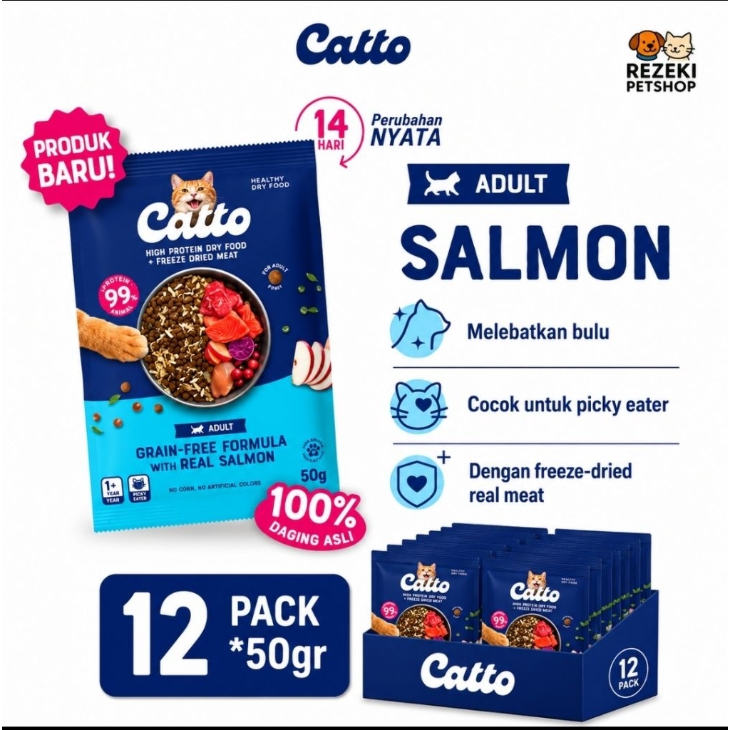 Rezeki Petshop - Makanan Kucing Premium Catto Dryfood isi 12pc x 50gr varian Adult Salmon / Makanan 