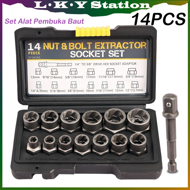 14 PCS Screw Extractor Alat Pembuka Baut Mur Hex Rusak 8mm-19mm Kunci Ring Pass