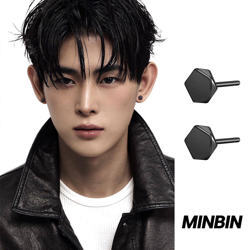 MINBIN Anting Tusuk Pria Hitam Polos Model Segi Lima Bahan Tembaga Anti Karat Simple Keren Streetwea