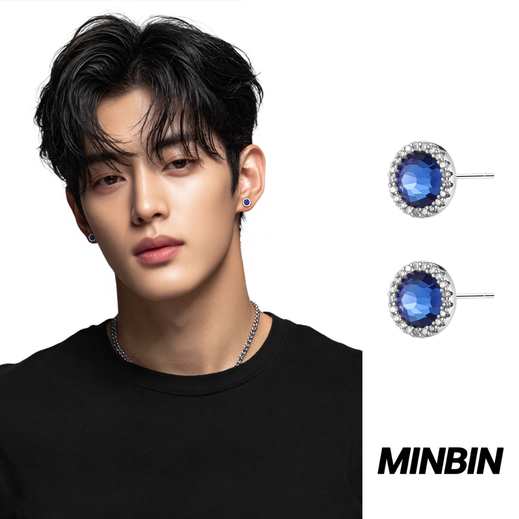 MINBIN Anting Tusuk Pria Silver Look Kristal Biru Bulat Bahan Tembaga Anti Karat Elegan Keren