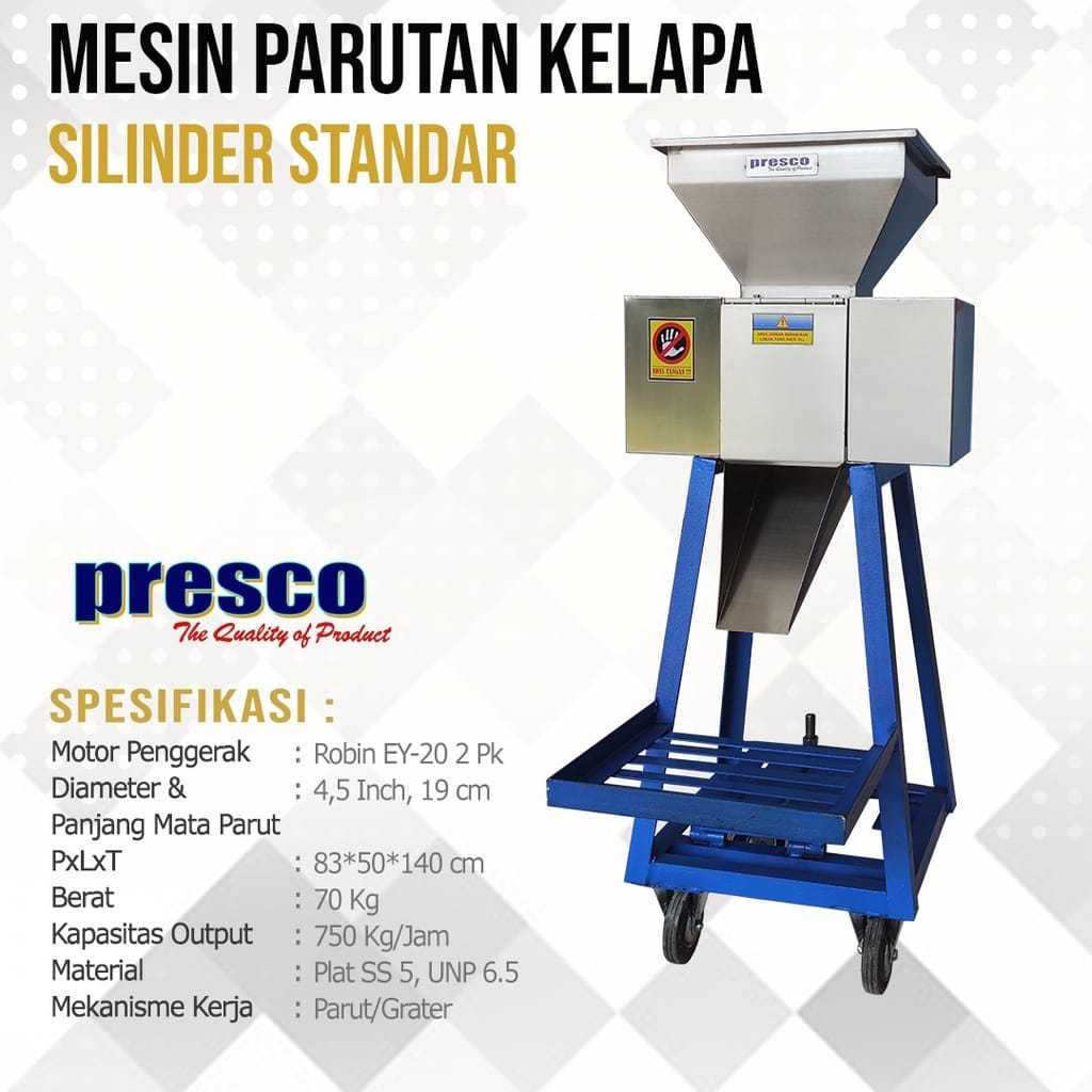 Presco  Rangka Stainless Mesin Parut Kelapa Ubi Jahe Kunyit Lengkuas Silinder 19 cm Kapasitas 750 kg