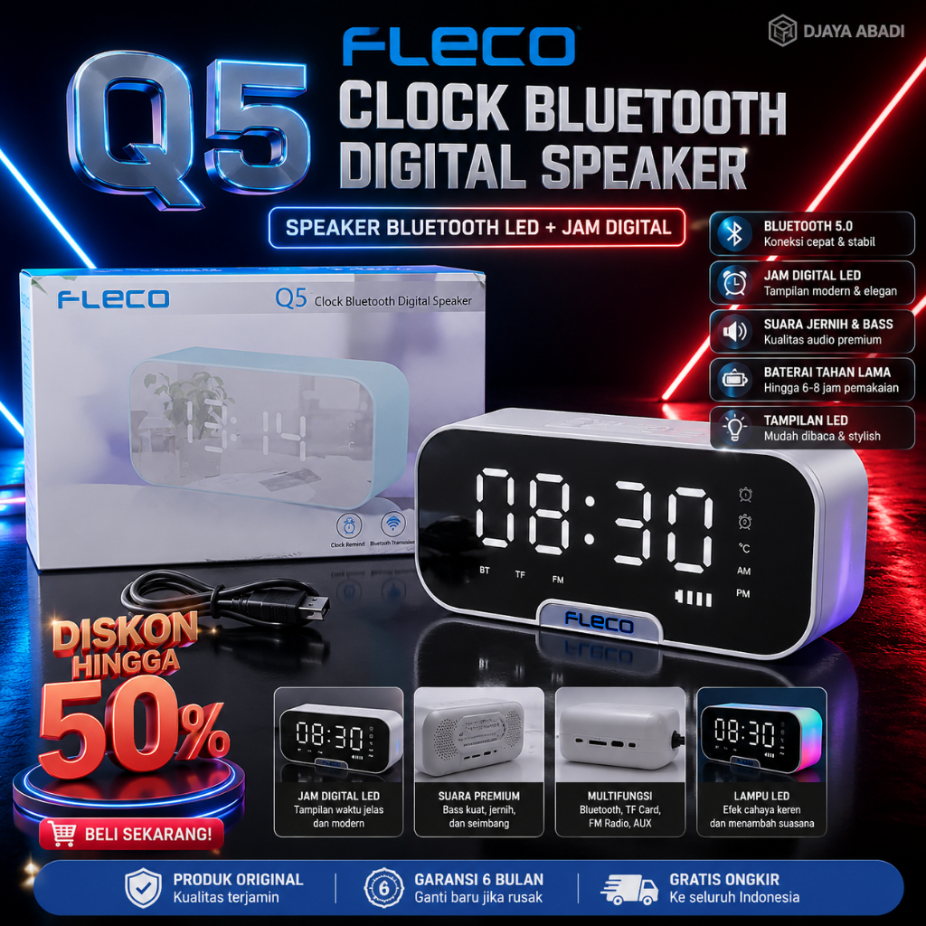 Speaker dan Jam Digital Fleco Q5 Digital Clock Smart Speaker Bluetooth Fleco Q5 Super Bass dengan Ra