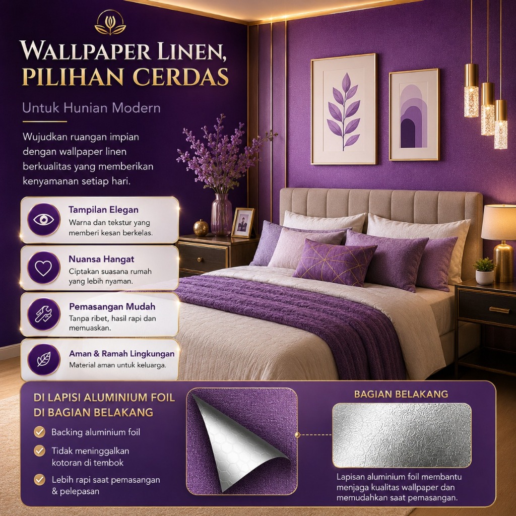 VIP Wallpaper Foam Linen Ungu Tua 3D Roll Dekorasi Kamar Premium