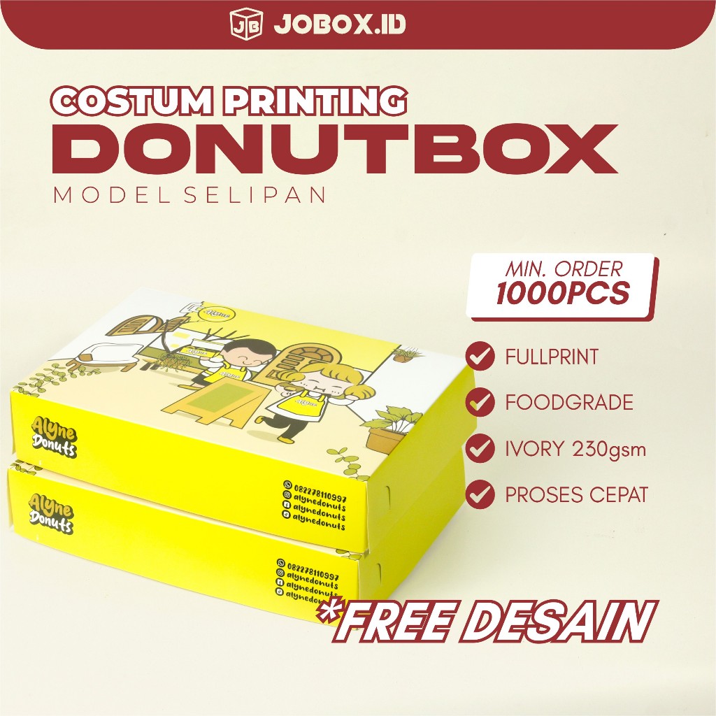CUSTOM PRINTING DONAT BOX XL IVORY 25x25x5 / Box Ivory / Dus Donat isi 12 / / Box donat isi 12 / Box