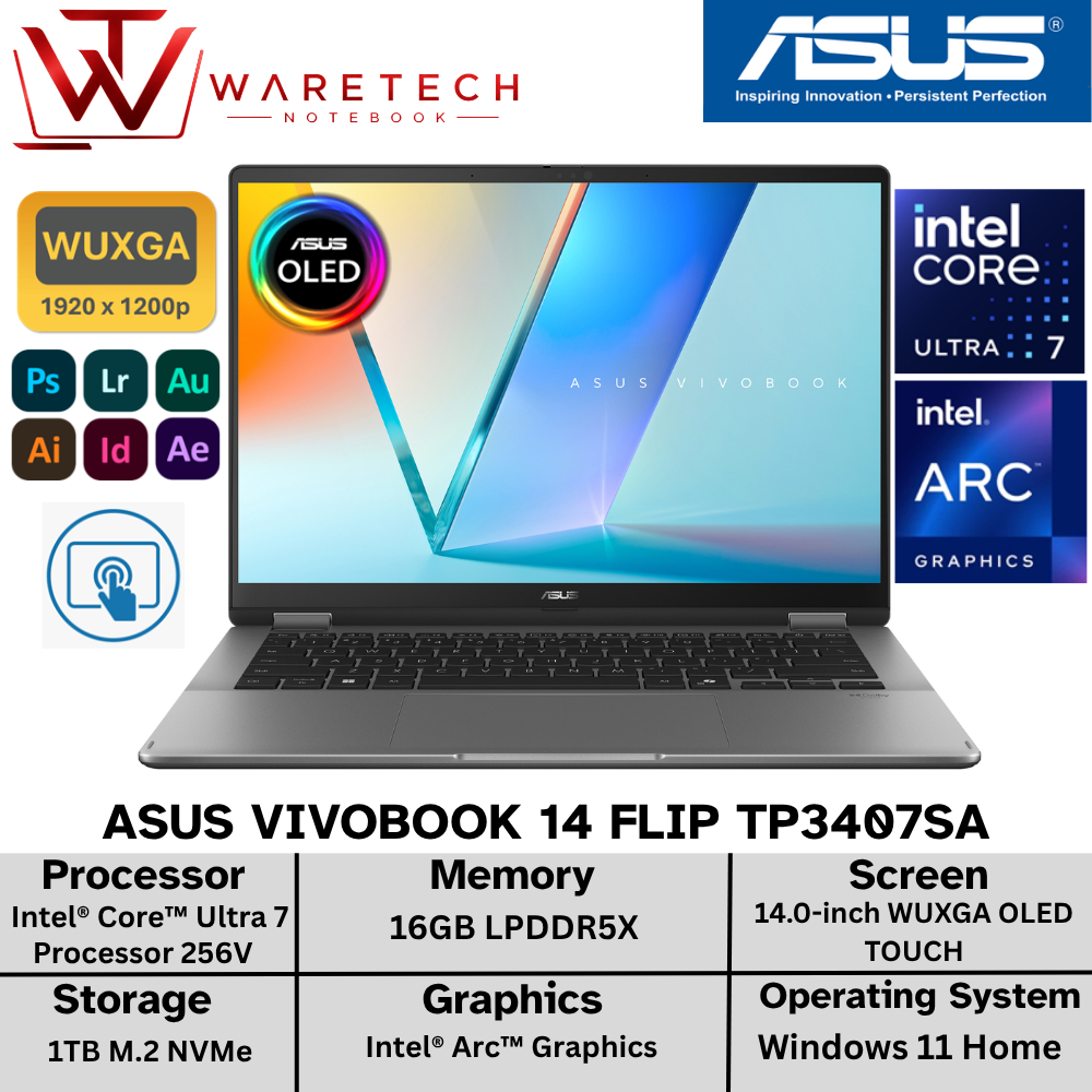 Laptop ASUS Vivobook 14 Flip OLED Core Ultra 7 256V RAM 16GB SSD 1TB Touch WUXGA Win11