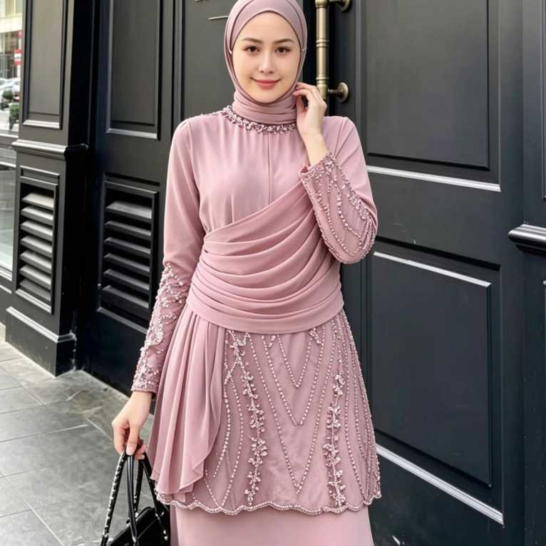 Gamis Ceruti Babydoll Mix Brokat Model Duyung Malaysia Gamis Kondangan Terbaru Elegan & Mewah