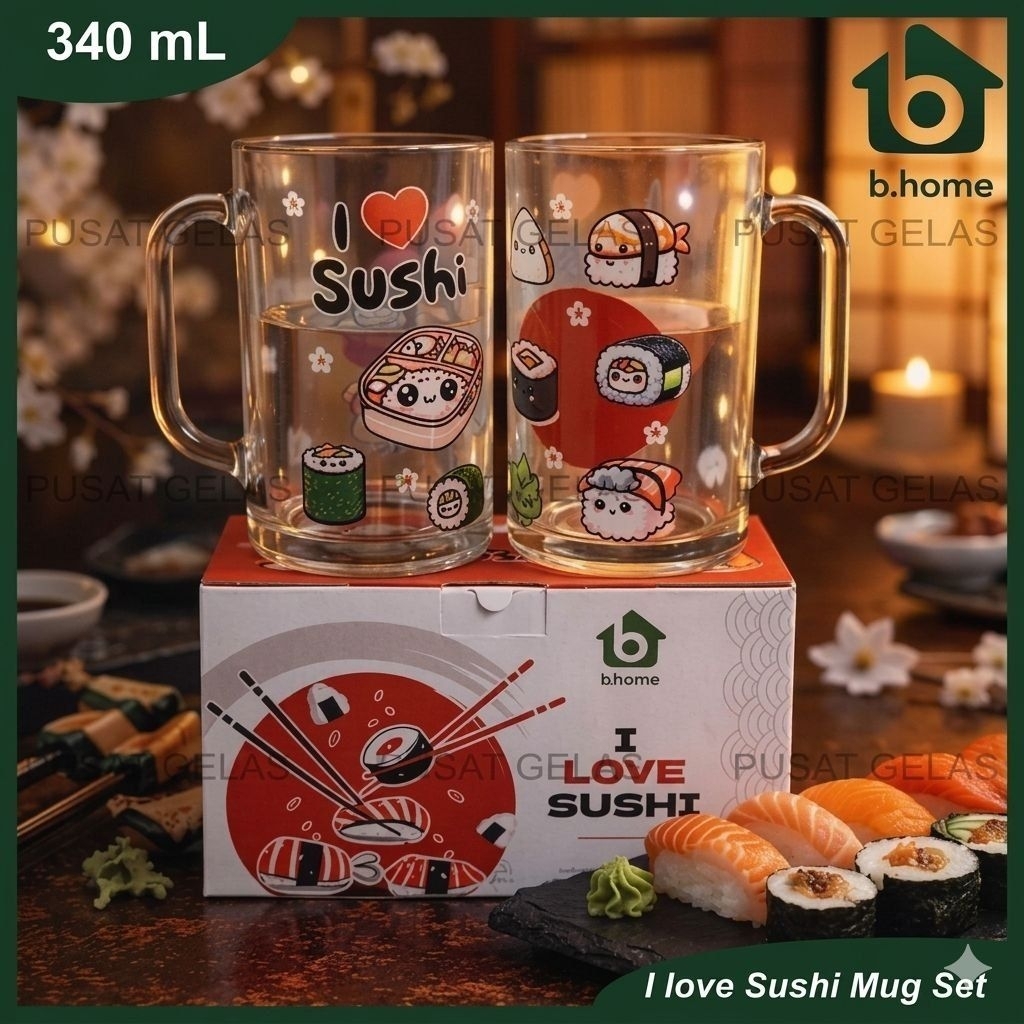 1 SET ISI 2 Gelas Kaca - Gelas Motif Sushi - Gelas Lucu - Gelas Susu - Gelas Gift Box - Gelas Anak